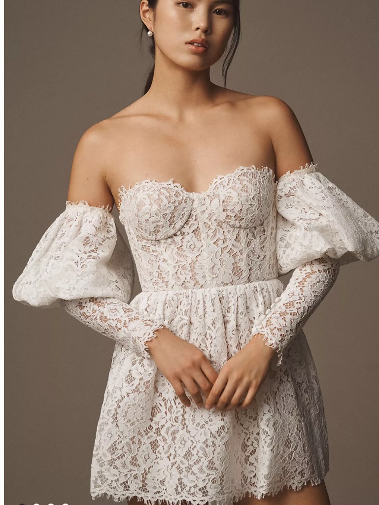 Watters Tart Removable Puff-Sleeve Sweetheart Lace Mini Dress
